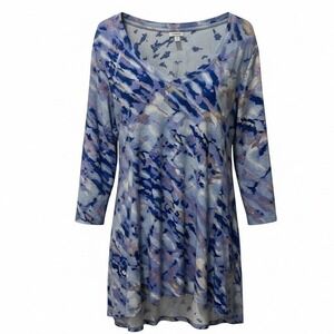 Avenue Women Size2X  22/24 Blue Abstract Print V Neck 3/4 Sleeve Tunic Top